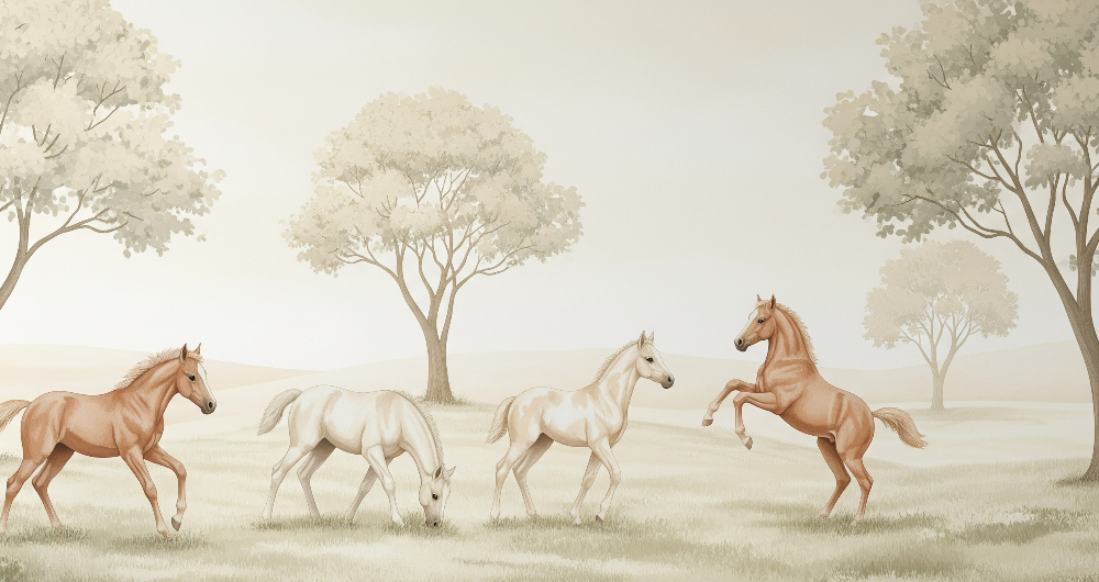 Kids-Mundo horse wall mural artwork showing four gentle horses grazing in a soft beige meadow