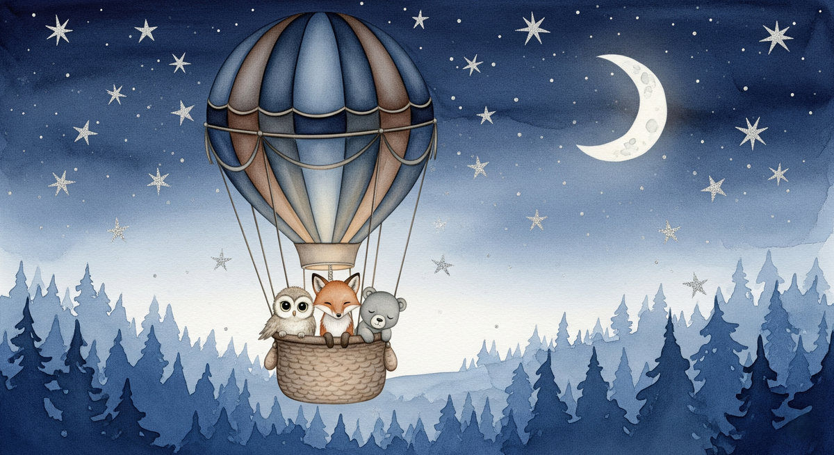 Hot Air Balloon Night Forest Animals Wall Mural