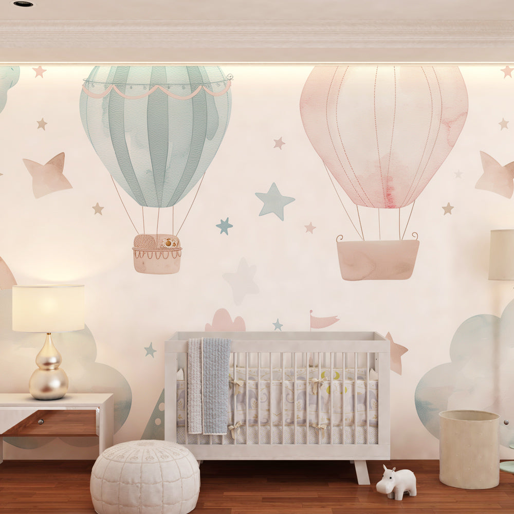 Hot air balloon wallpaper with clouds transforming modern baby bedroom decor