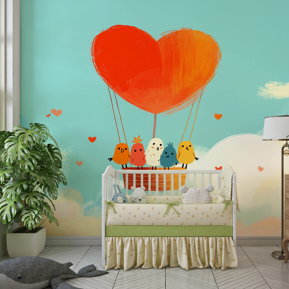 Dreamy birds in heart balloons wallpaper creating peaceful atmosphere in baby bedroom decor