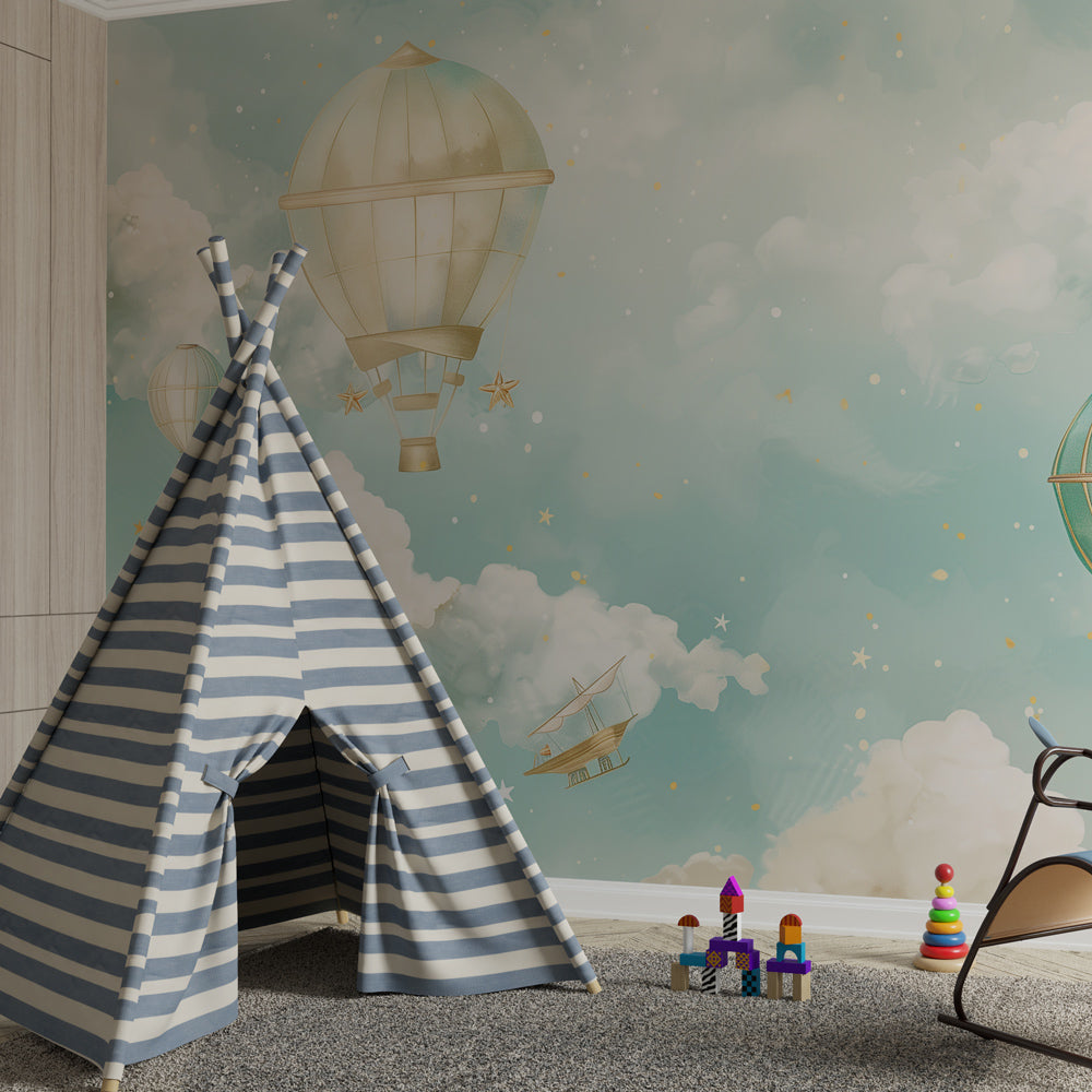 Dreamy hot air balloon wallpaper in children's bedroom with soothing blue tones and stars