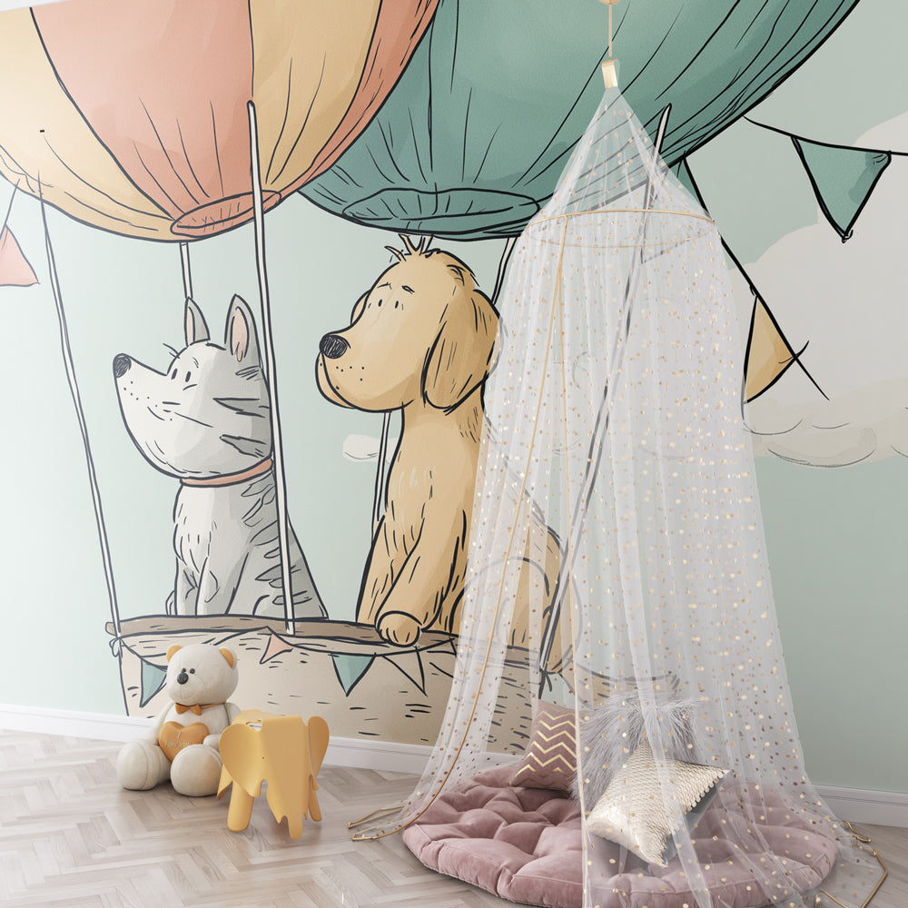 Adventure themed mural wallpaper transforming children's bedroom with aerial balloon design