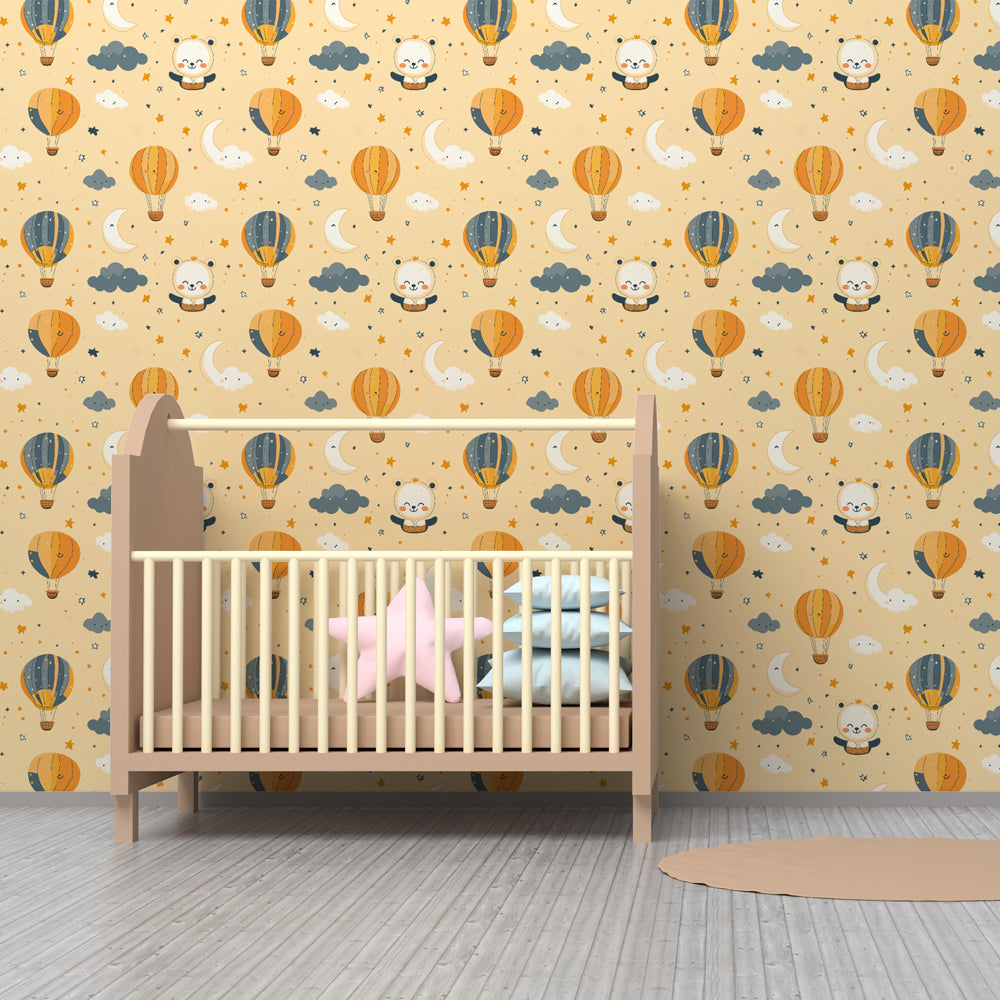 Children's bedroom featuring whimsical hot air balloon wallpaper with floating bears and clouds