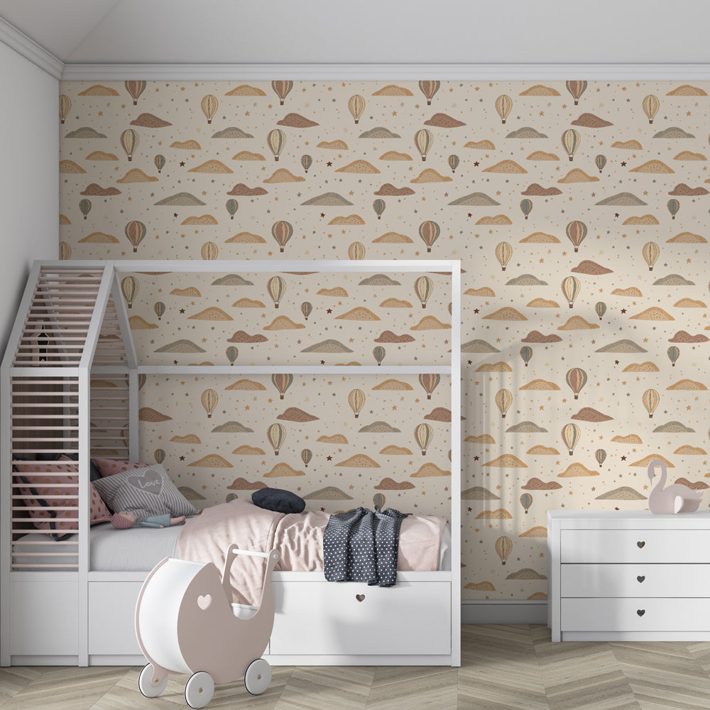 Beige hot air balloon wallpaper creating serene kids bedroom decor with mountain scenes