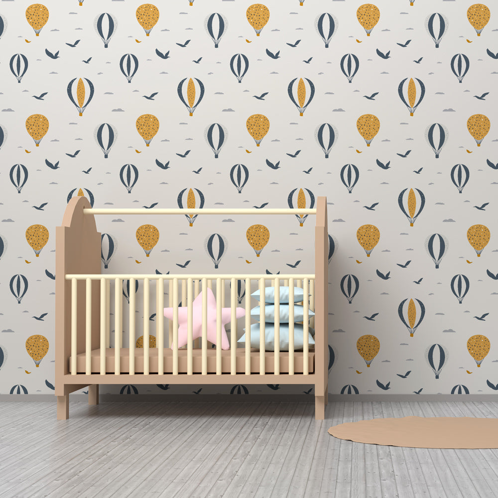 Colorful hot air balloon wallpaper transforming children's bedroom into sky adventure theme
