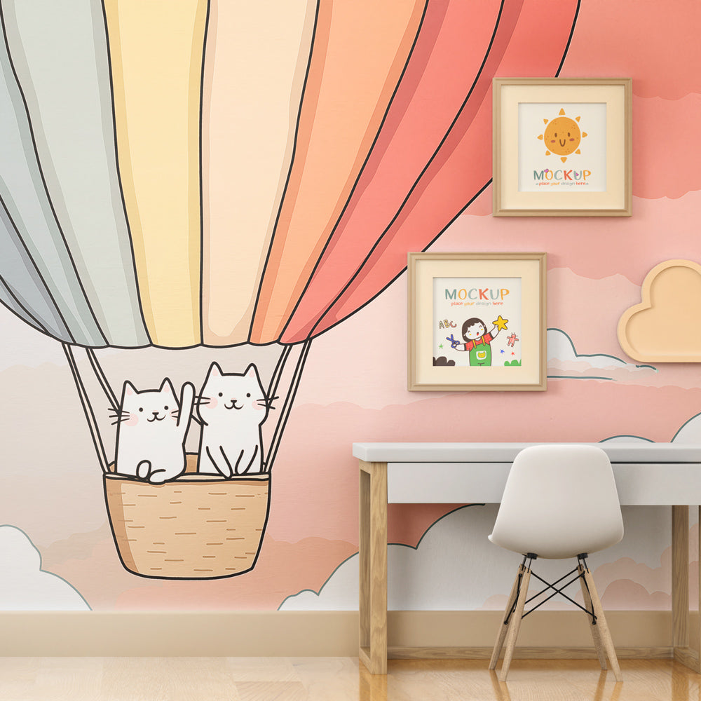 Whimsical cats balloon wallpaper creating dreamy atmosphere in children's bedroom decor