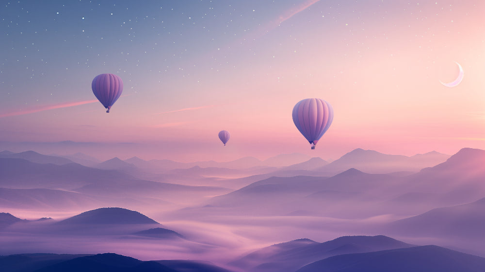 Detailed hot air balloon mural wallpaper design pattern with pastel sky by Kids-Mundo