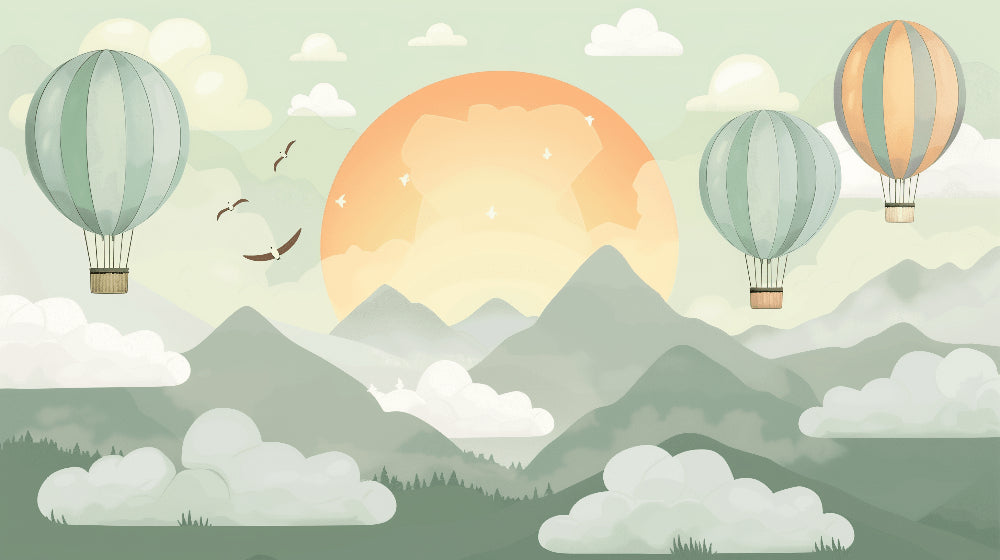 Detailed hot air balloon mountain sunrise mural wallpaper design pattern by Kids-Mundo