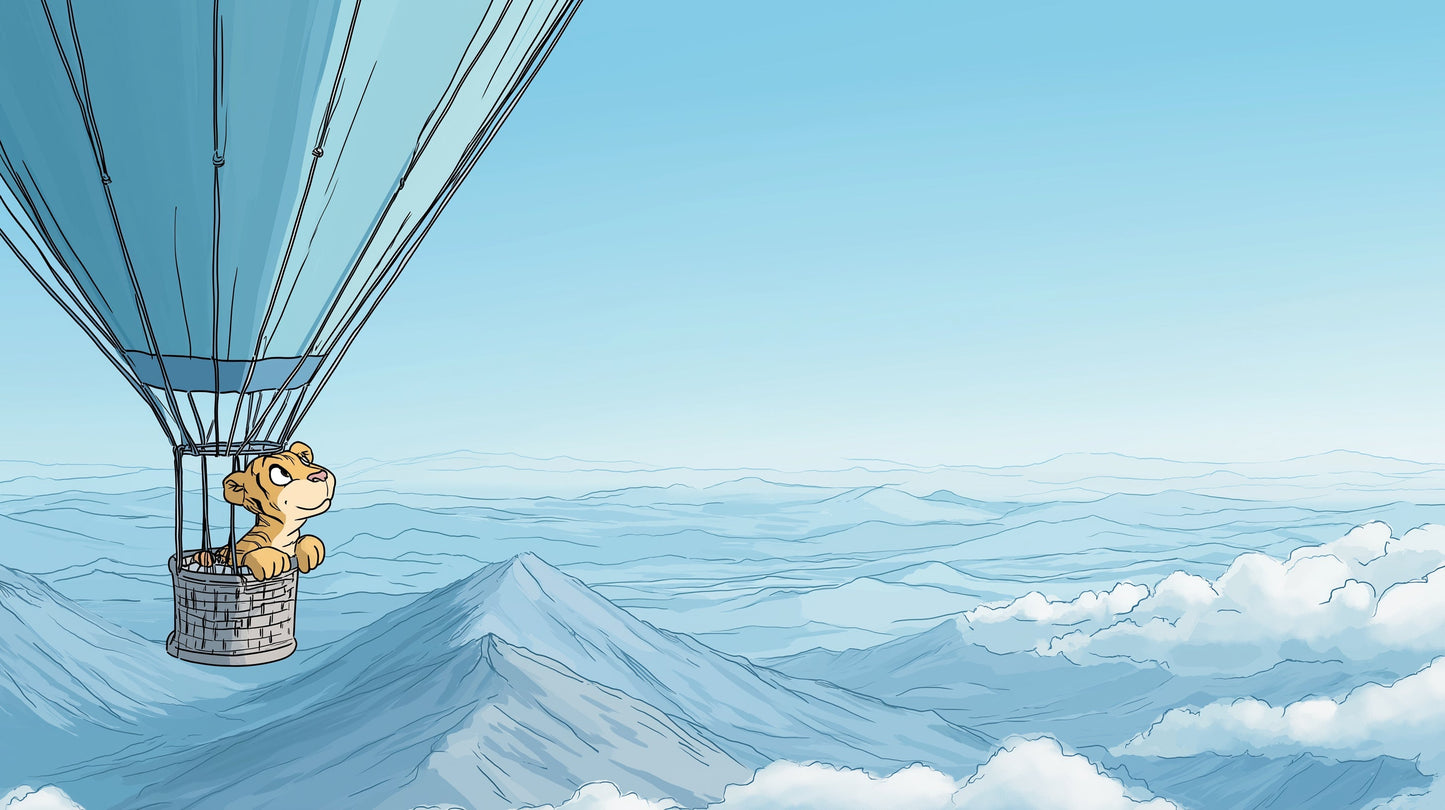 Detailed hot air balloon mural wallpaper design pattern with tiger and mountain landscape by Kids-Mundo