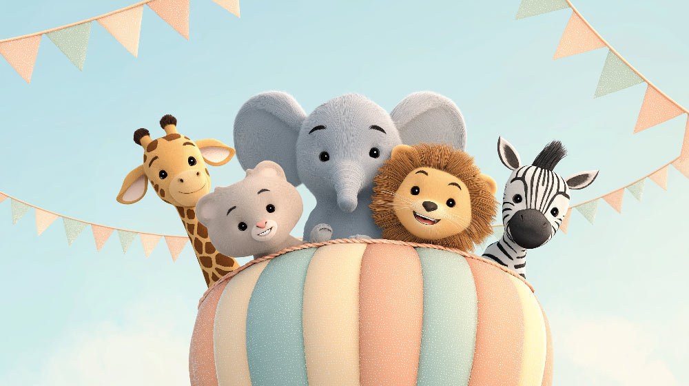 Detailed hot air balloon with safari animals mural wallpaper design pattern by Kids-Mundo