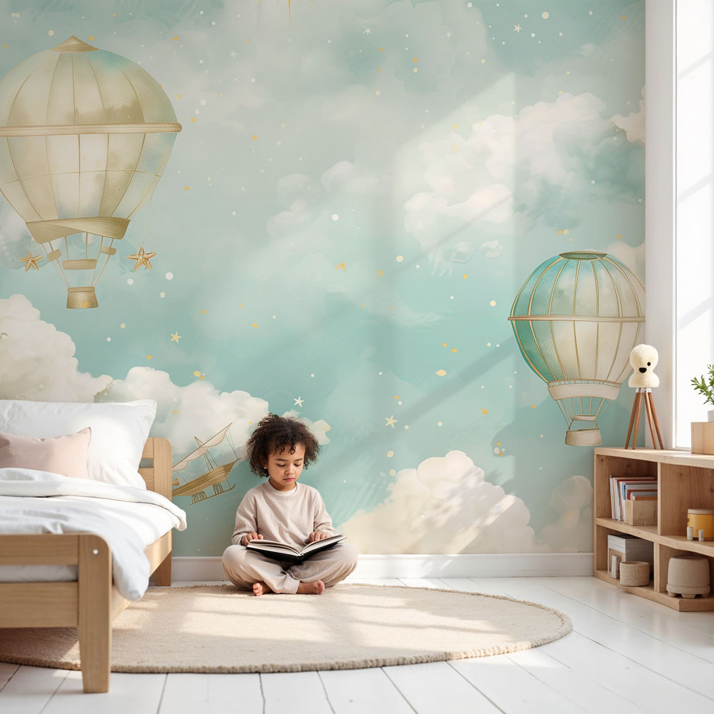 Hot air balloon mural wallpaper creating magical nursery decor with starry night sky by Kids-Mundo
