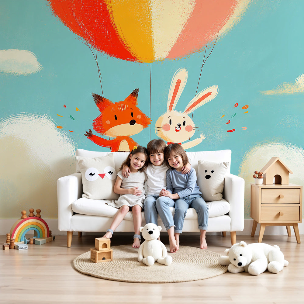 Hot air balloon mural wallpaper with fox and rabbit in modern nursery room by Kids-Mundo