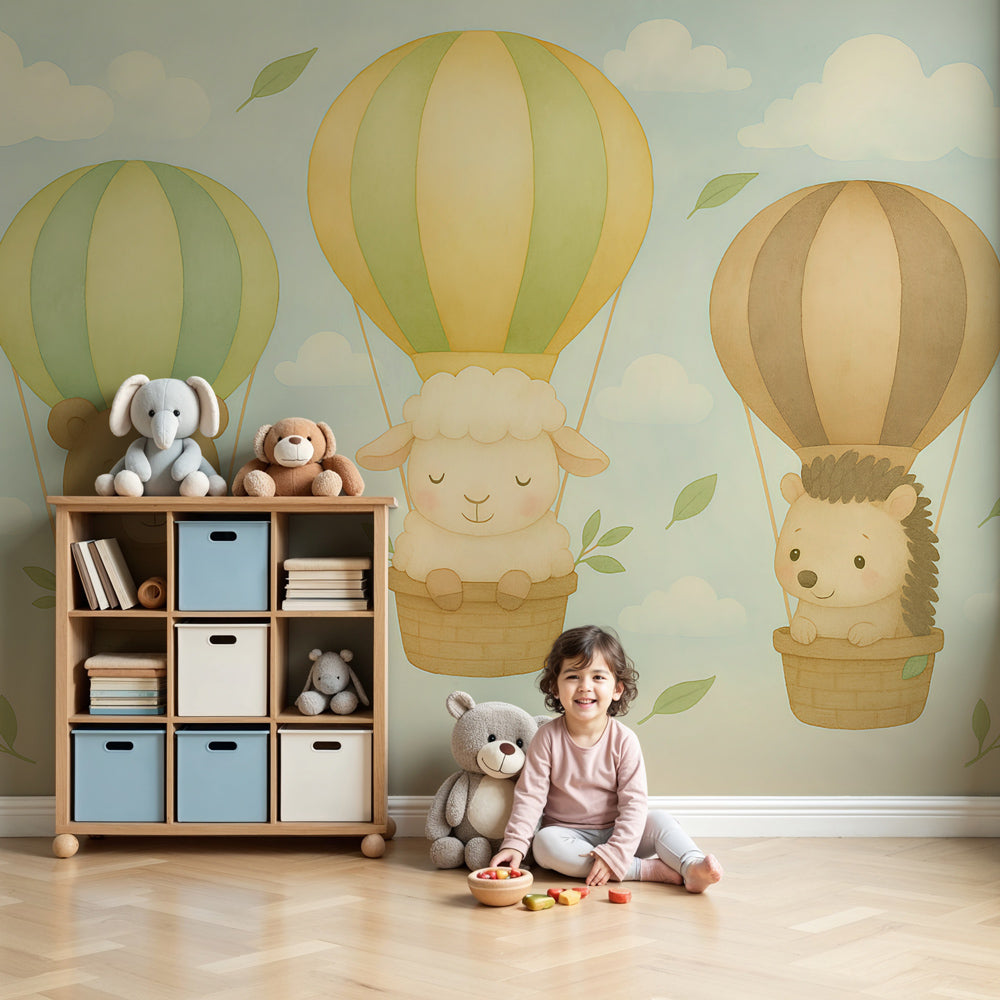 Hot air balloon animal mural wallpaper in cozy nursery setting by Kids-Mundo