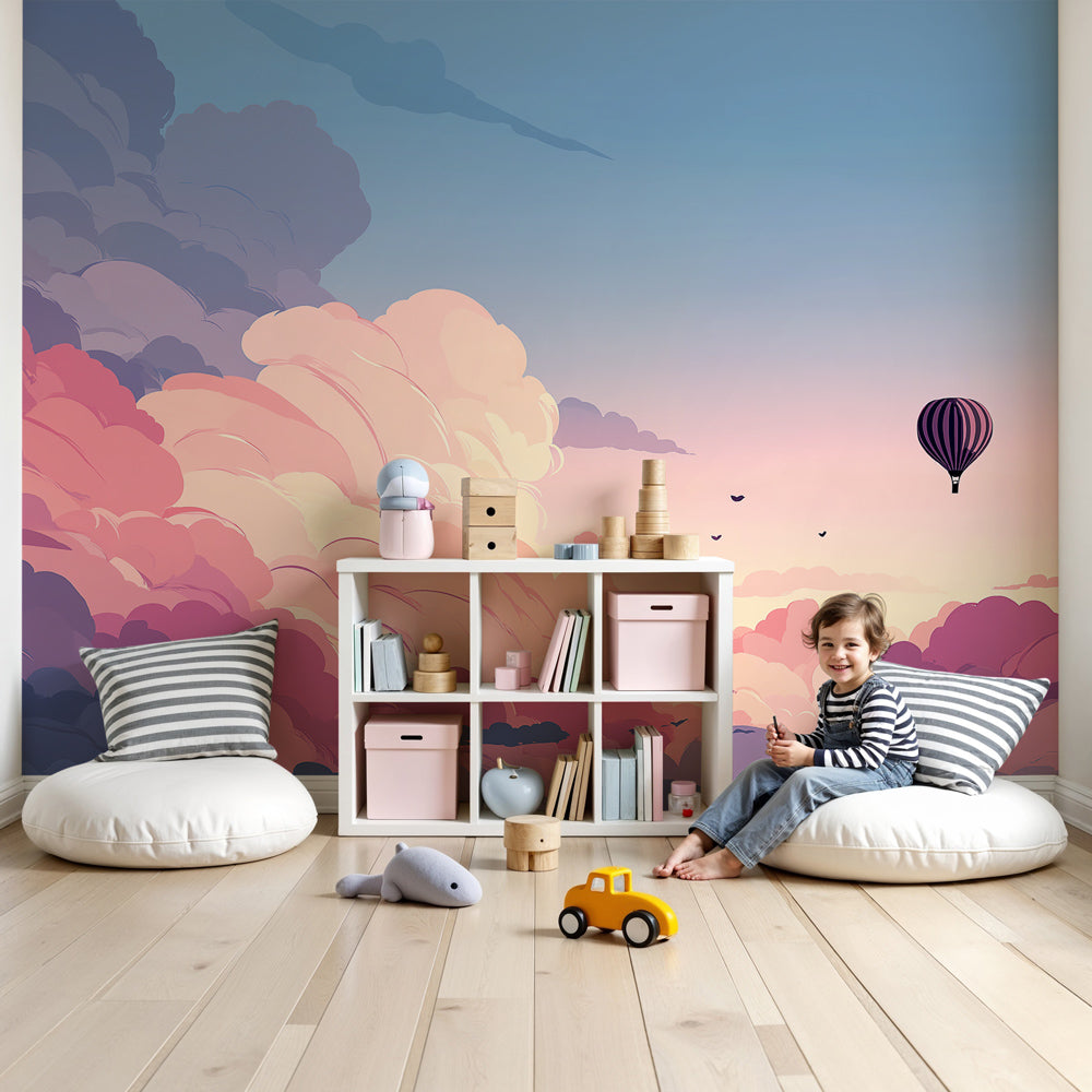 Hot air balloon mural wallpaper with pastel clouds in modern nursery by Kids-Mundo