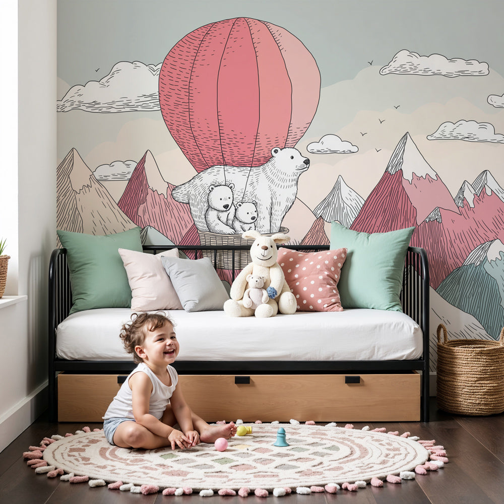 Hot air balloon polar bear mural wallpaper in modern nursery with white crib by Kids-Mundo