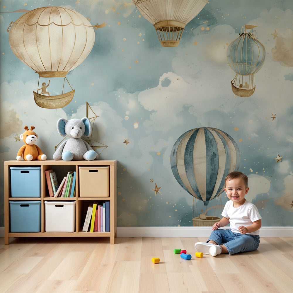 Hot air balloon mural wallpaper in dreamy blue nursery with starry night sky by Kids-Mundo