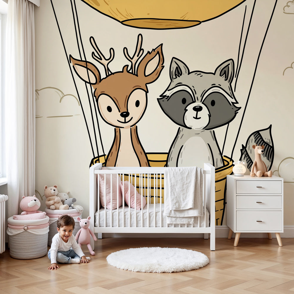 Hot air balloon animal adventure mural wallpaper in modern nursery by Kids-Mundo