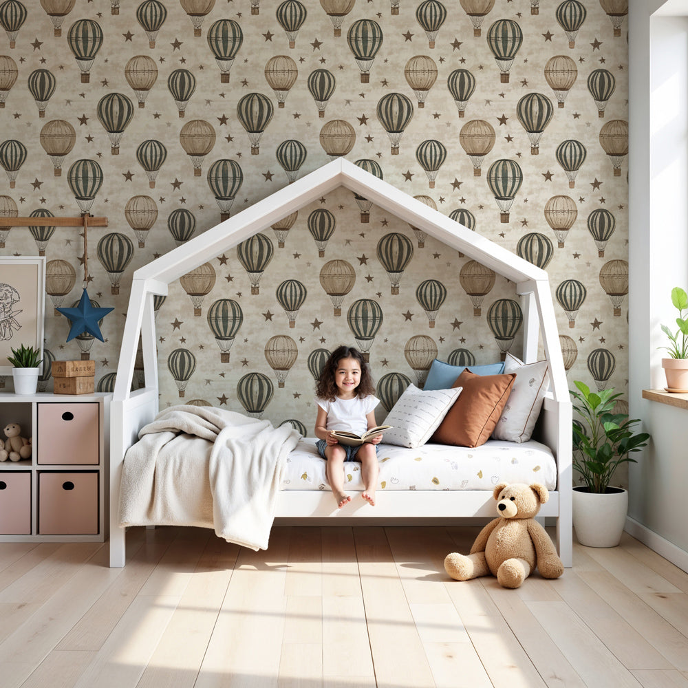 Hot air balloon mural wallpaper with vintage stars in beige nursery setting by Kids-Mundo