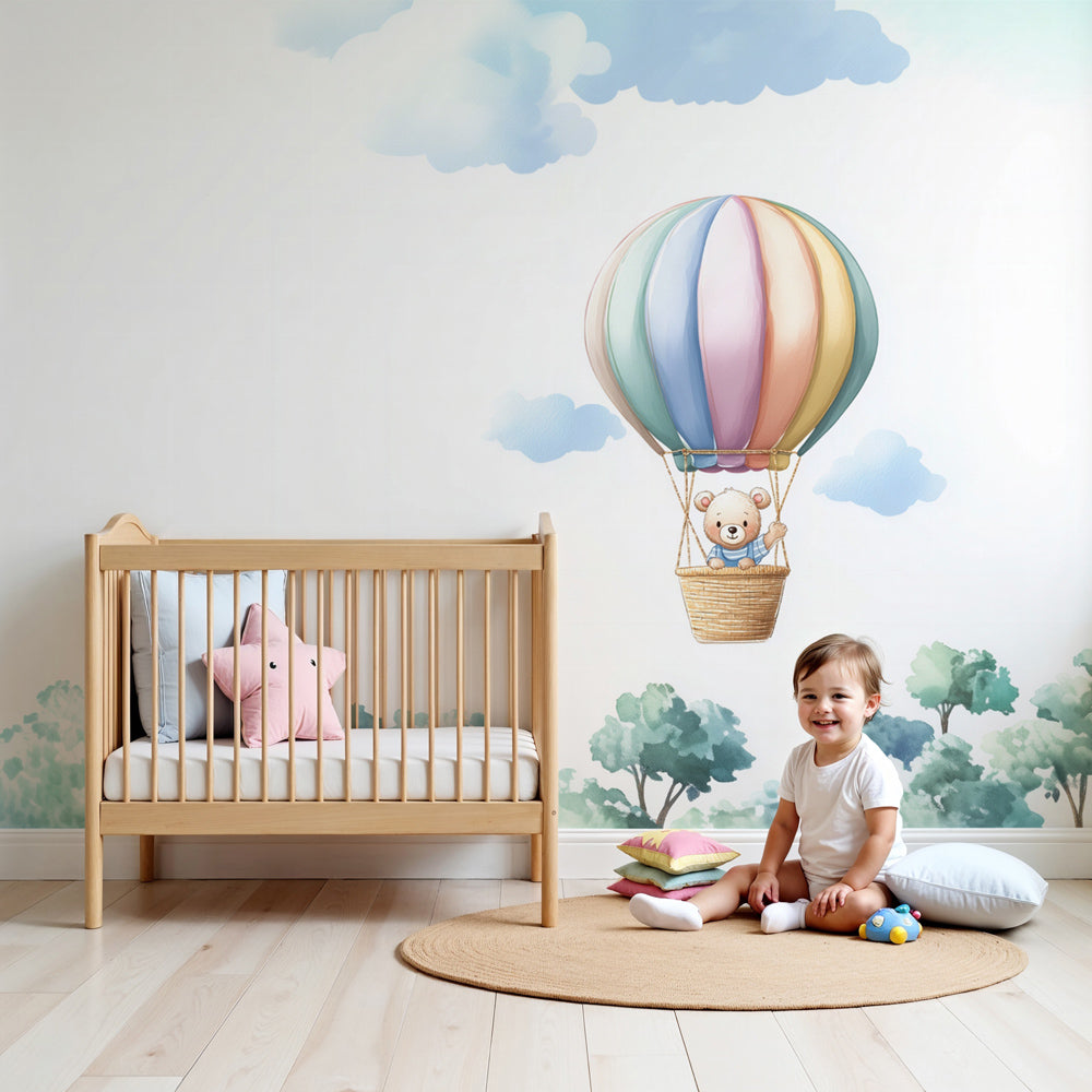 Hot air balloon mural wallpaper with bear in pastel nursery by Kids-Mundo
