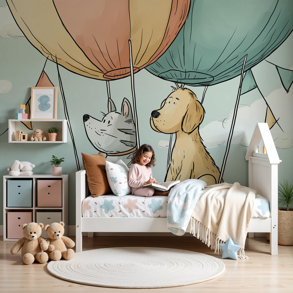 Hot air balloon mural wallpaper with dog and cat creating magical nursery decor by Kids-Mundo