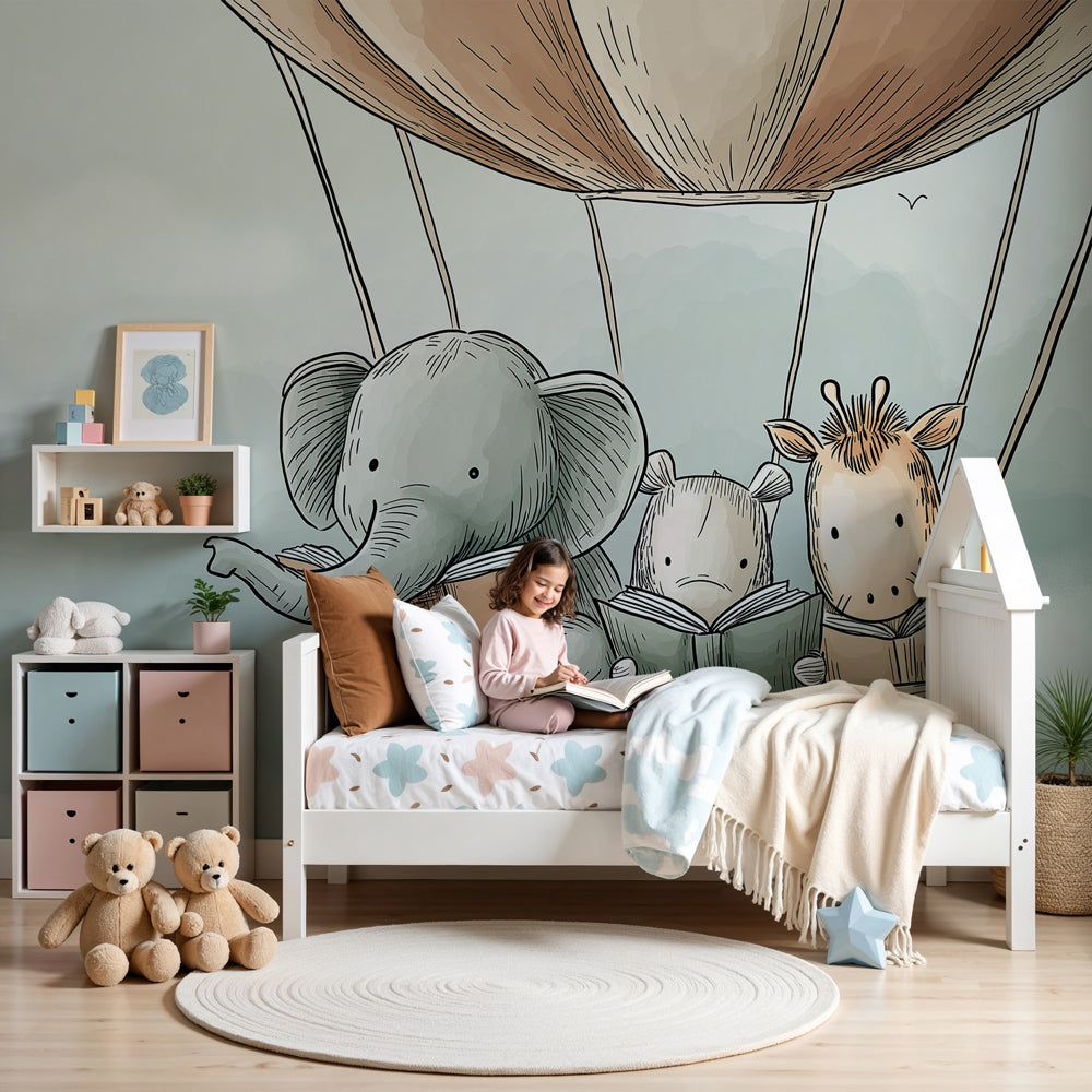 Hot air balloon animal mural wallpaper in soft pastel nursery decor by Kids-Mundo
