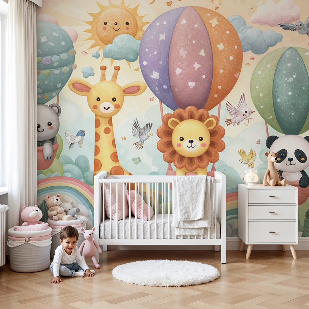 Hot air balloon animal mural wallpaper in bright nursery room with colorful decor by Kids-Mundo