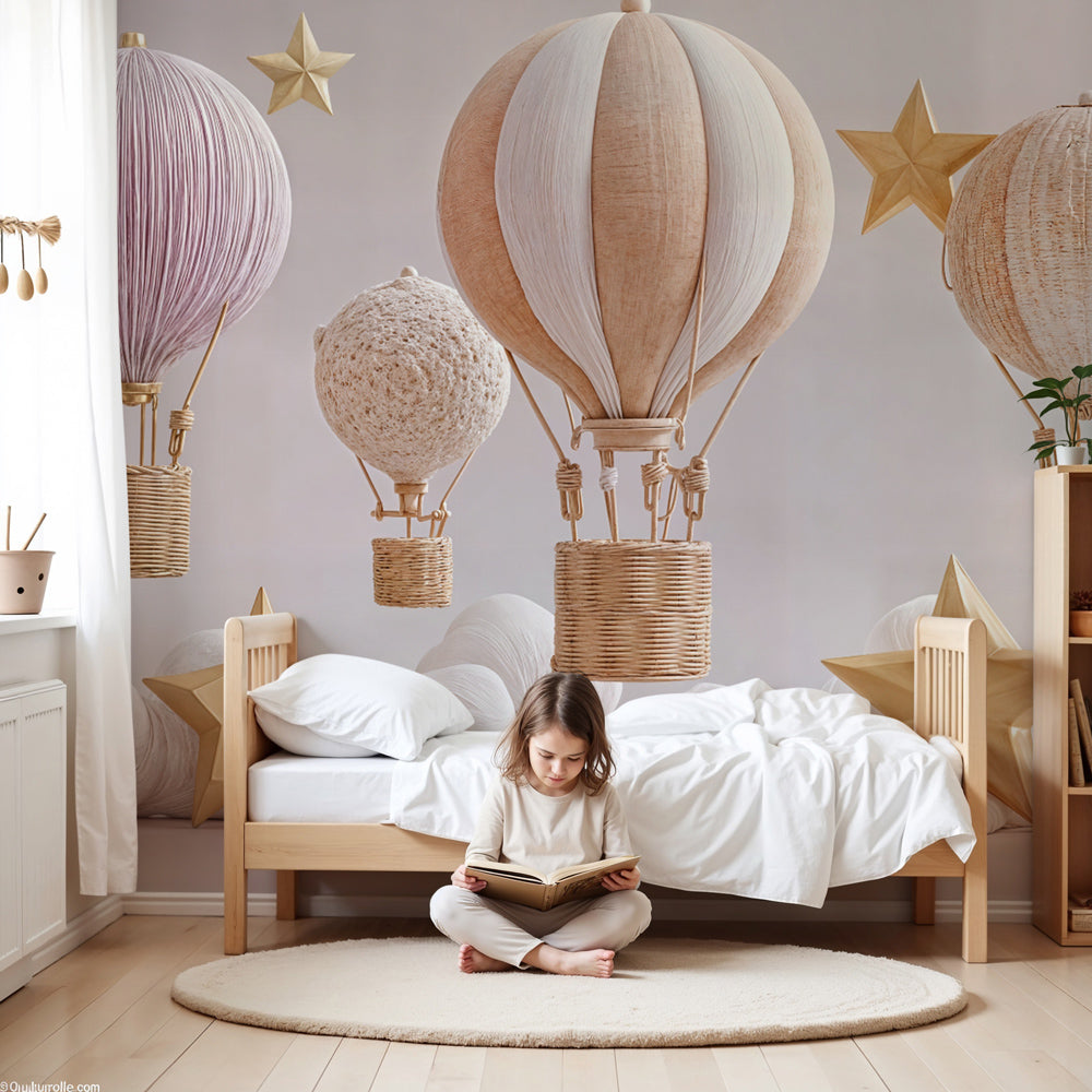 Hot air balloon mural wallpaper creating dreamy nursery atmosphere with pastel sky design by Kids-Mundo