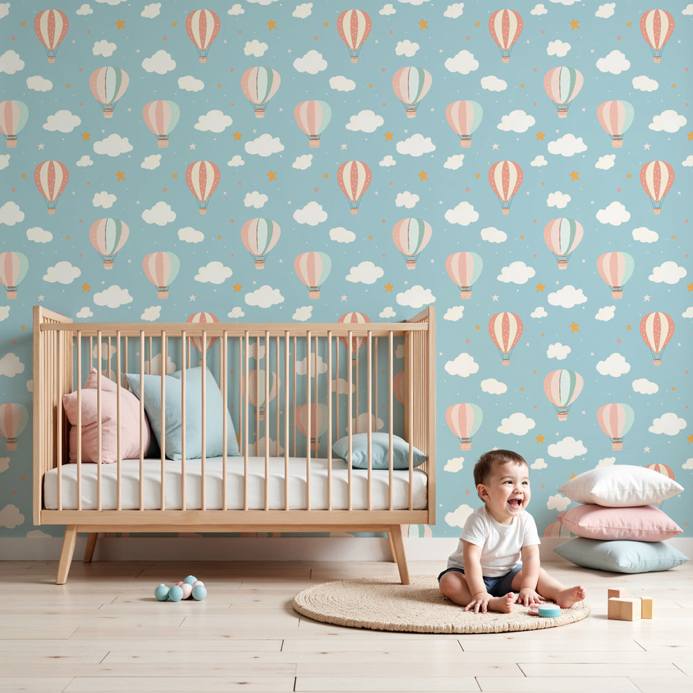 Hot air balloon mural wallpaper creating dreamy nursery decor with pastel sky theme by Kids-Mundo