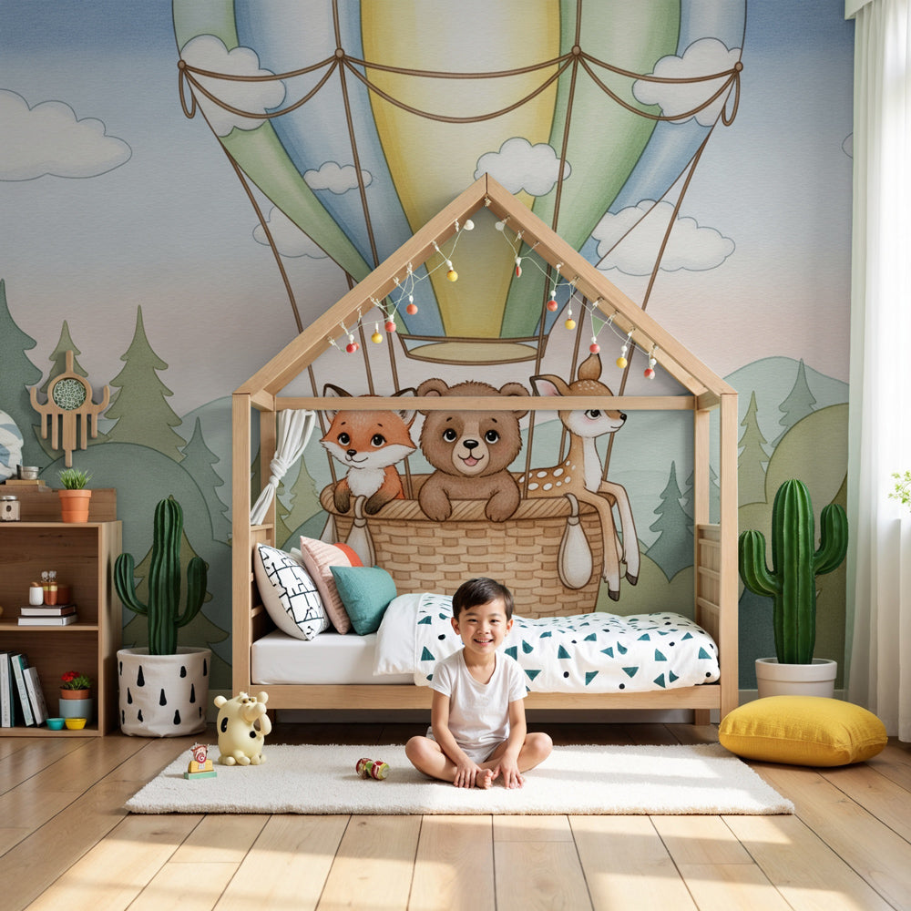 Hot air balloon mural wallpaper with woodland friends in modern nursery room by Kids-Mundo