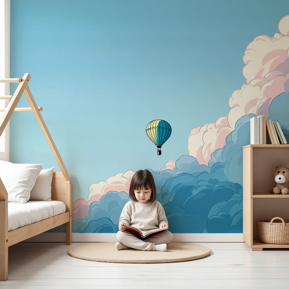 Hot air balloon mural wallpaper in modern nursery with soft pastel sky theme by Kids-Mundo