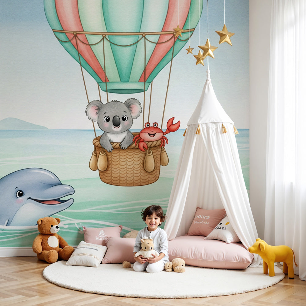 Hot air balloon koala mural wallpaper creating magical nursery decor by Kids-Mundo