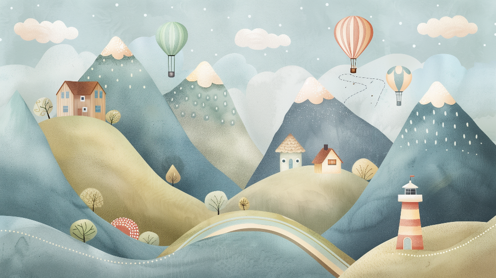 Hot Air Balloon Mountain Village Wall Mural