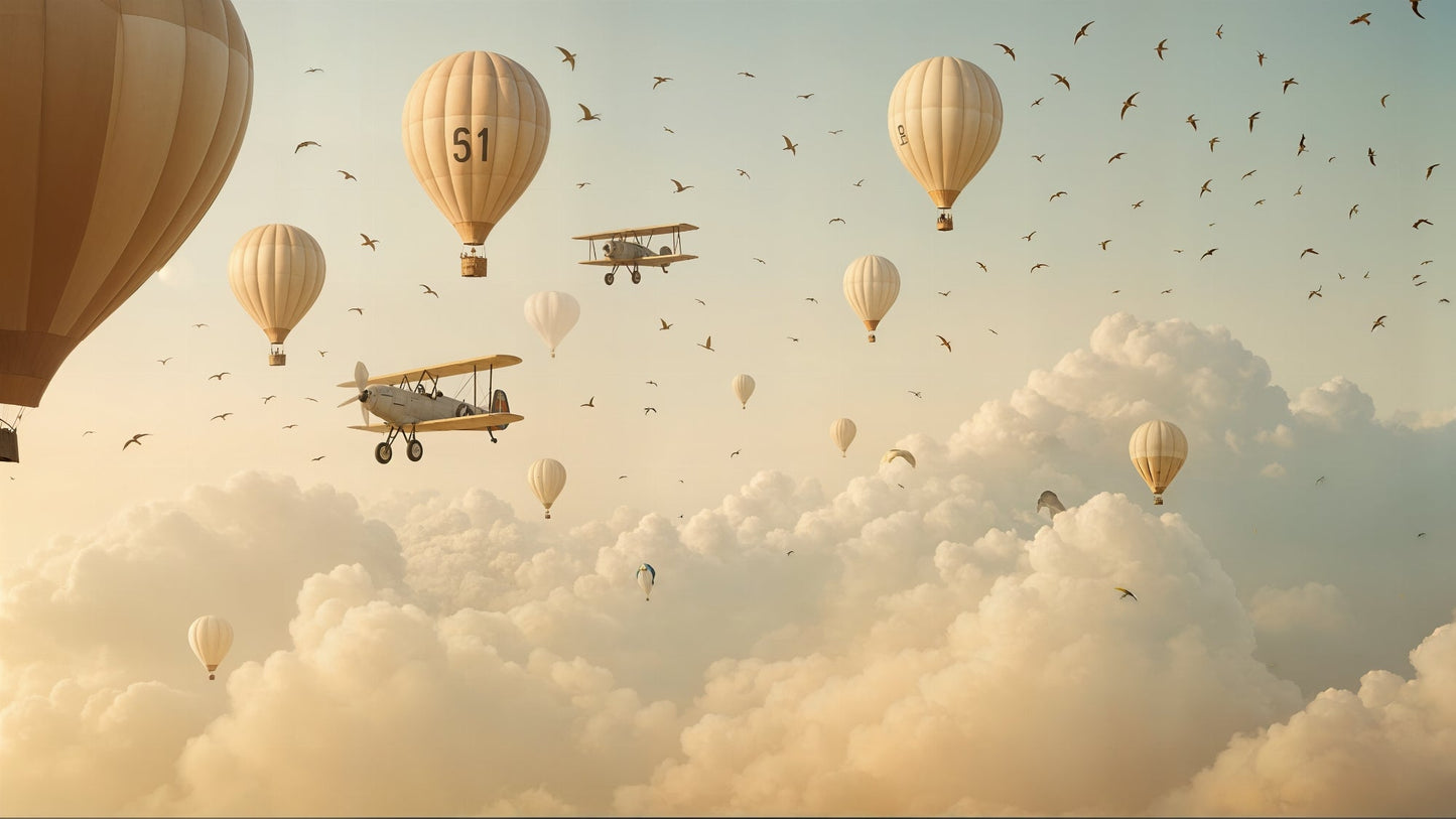 Flat artwork preview of the Kids-Mundo hot air balloon wall mural with biplanes and clouds
