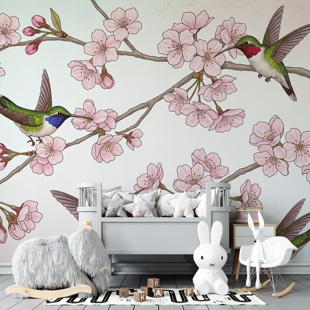 Nature-themed hummingbird wallpaper creating serene children's bedroom atmosphere