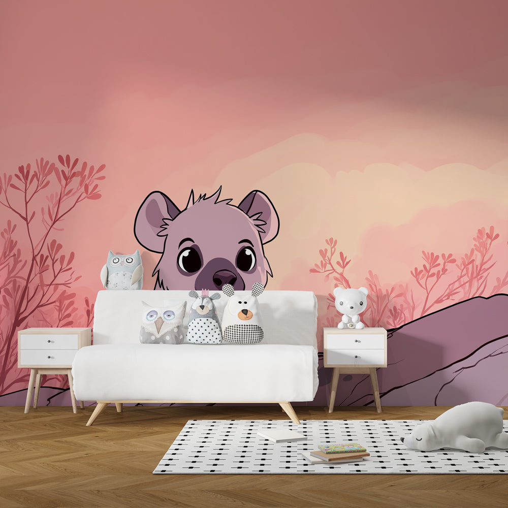 Safari animal wallpaper with gentle hyena character in cozy children's bedroom setting