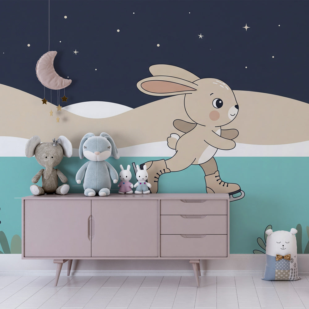 Winter wonderland rabbit wallpaper creating magical kids bedroom decor with soft lighting