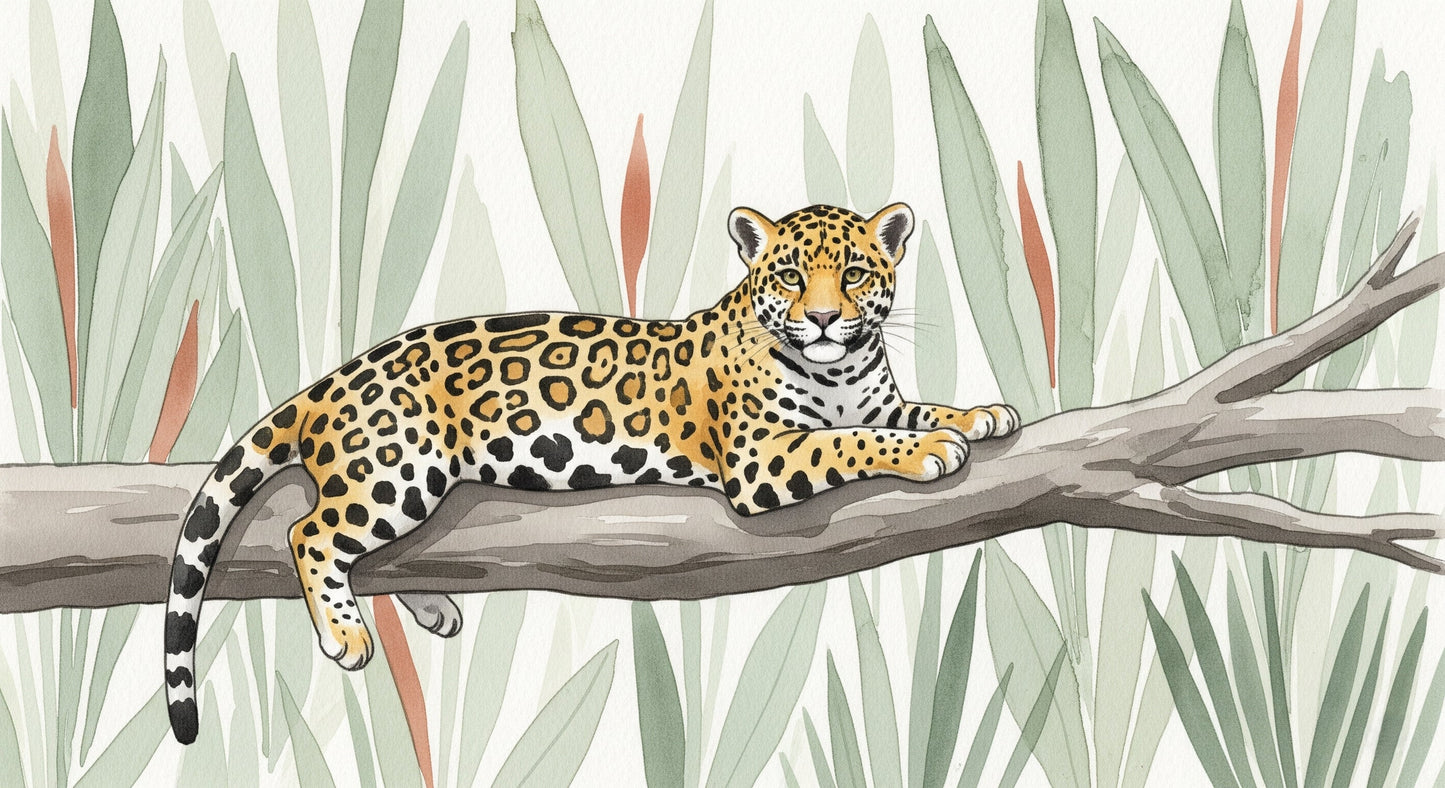 Detailed jaguar jungle mural wallpaper design pattern showing tropical wildlife by Kids-Mundo