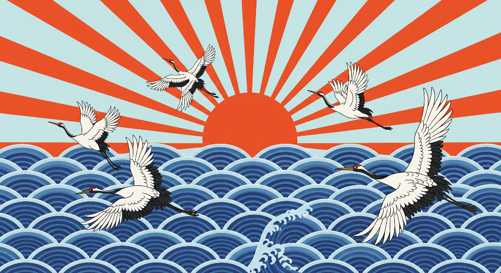 Kids-Mundo flat artwork preview of the Japanese crane and sunrise wave wall mural design