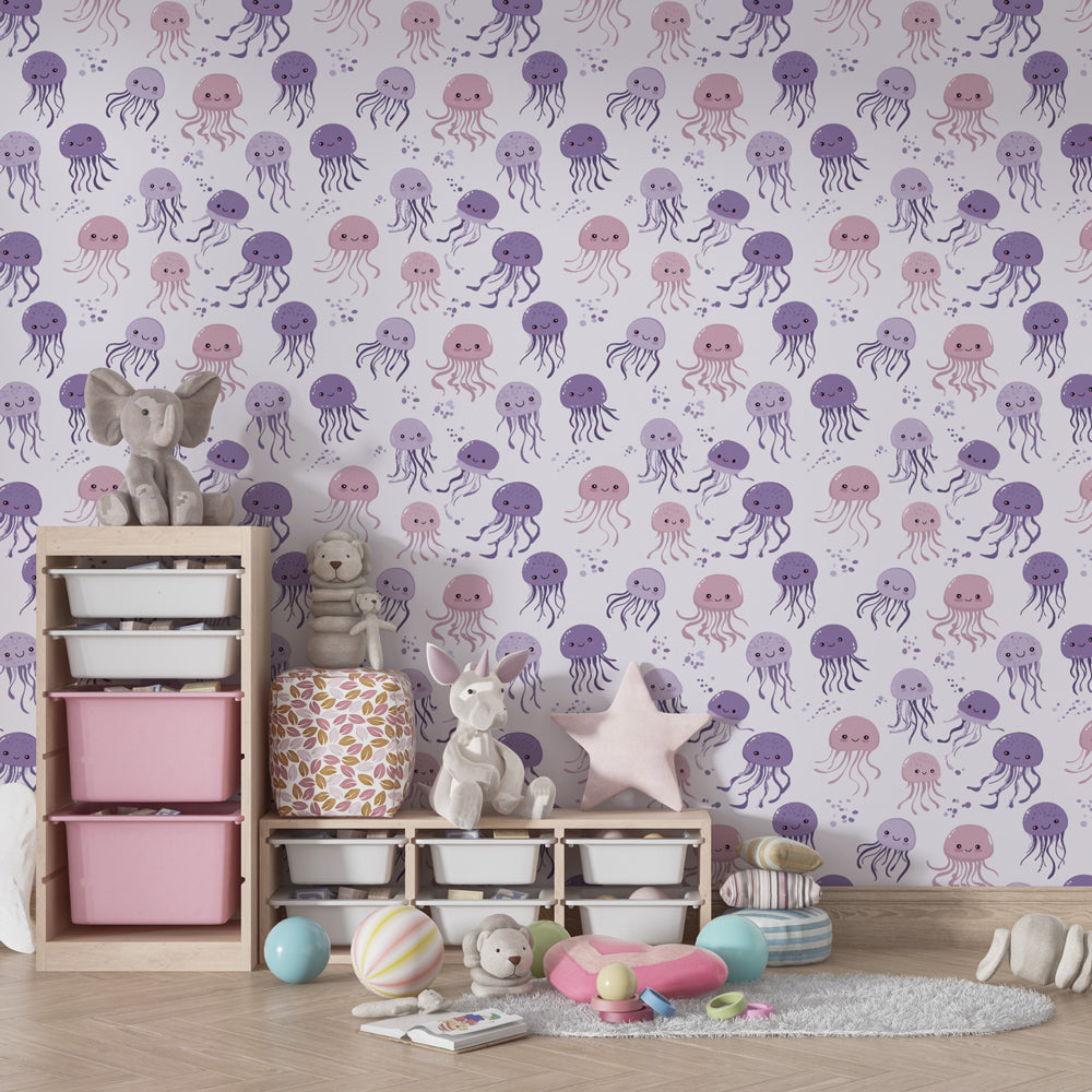 Adorable jellyfish wallpaper creating magical underwater atmosphere in children's bedroom
