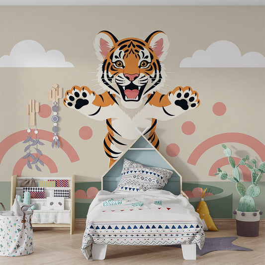 Kids-Mundo playful tiger ball pit mural on a colourful kids bedroom wall