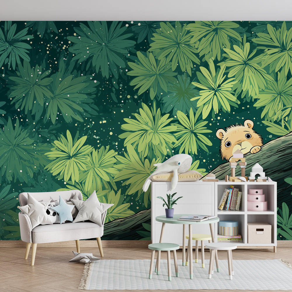 Tropical animal wallpaper creating adventure-themed children's bedroom with lush foliage