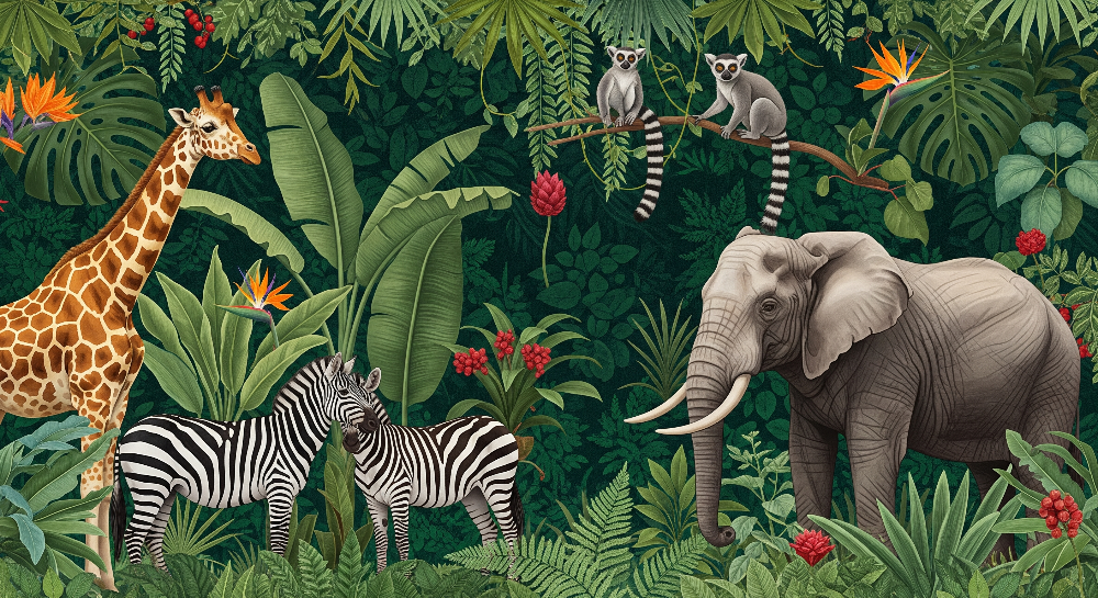 Kids-Mundo illustrated artwork of a lush jungle with giraffe, zebras, elephant and lemurs
