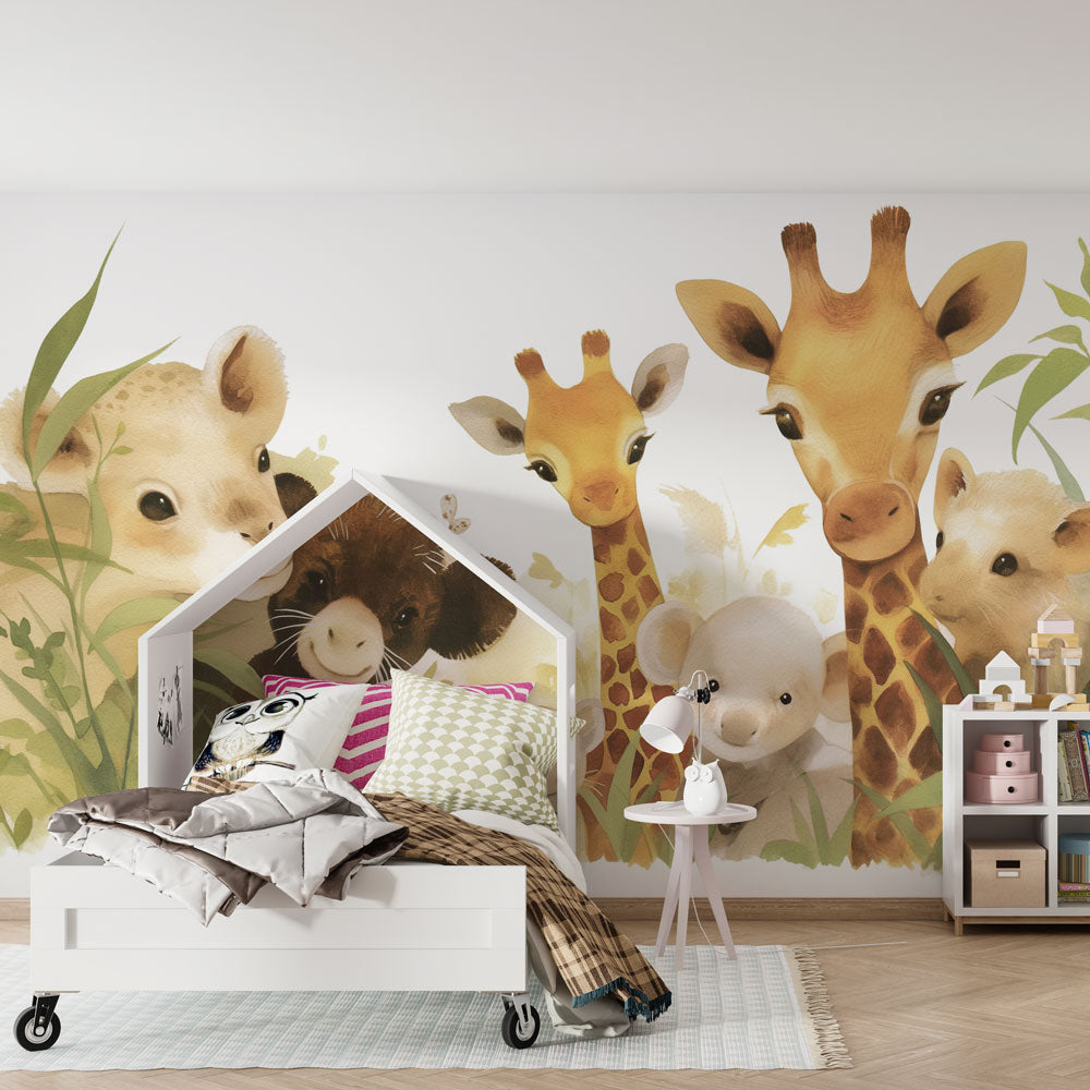 Safari nursery wallpaper creating peaceful baby room with pastel jungle animals and foliage