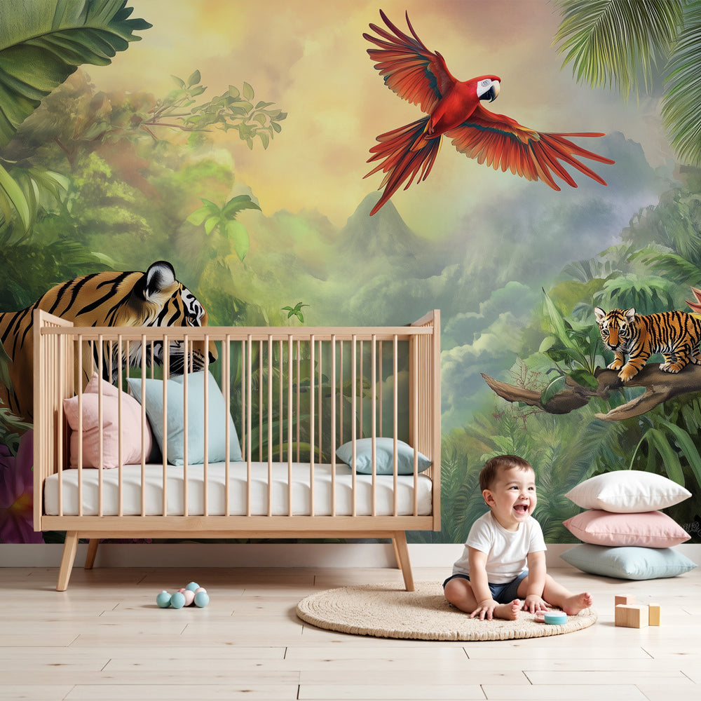 Jungle animals mural wallpaper with tigers and parrots in modern kids bedroom by Kids-Mundo