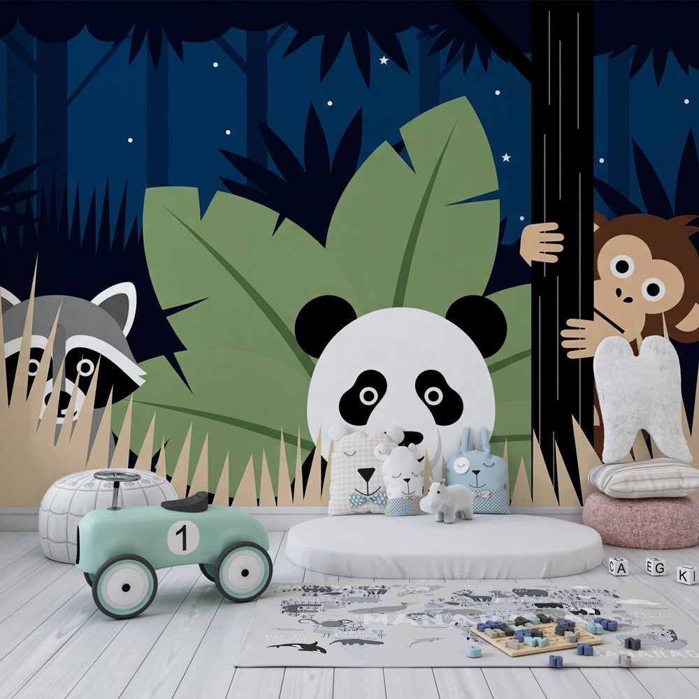 Safari theme mural wallpaper creating adventurous kids bedroom decor with jungle animals