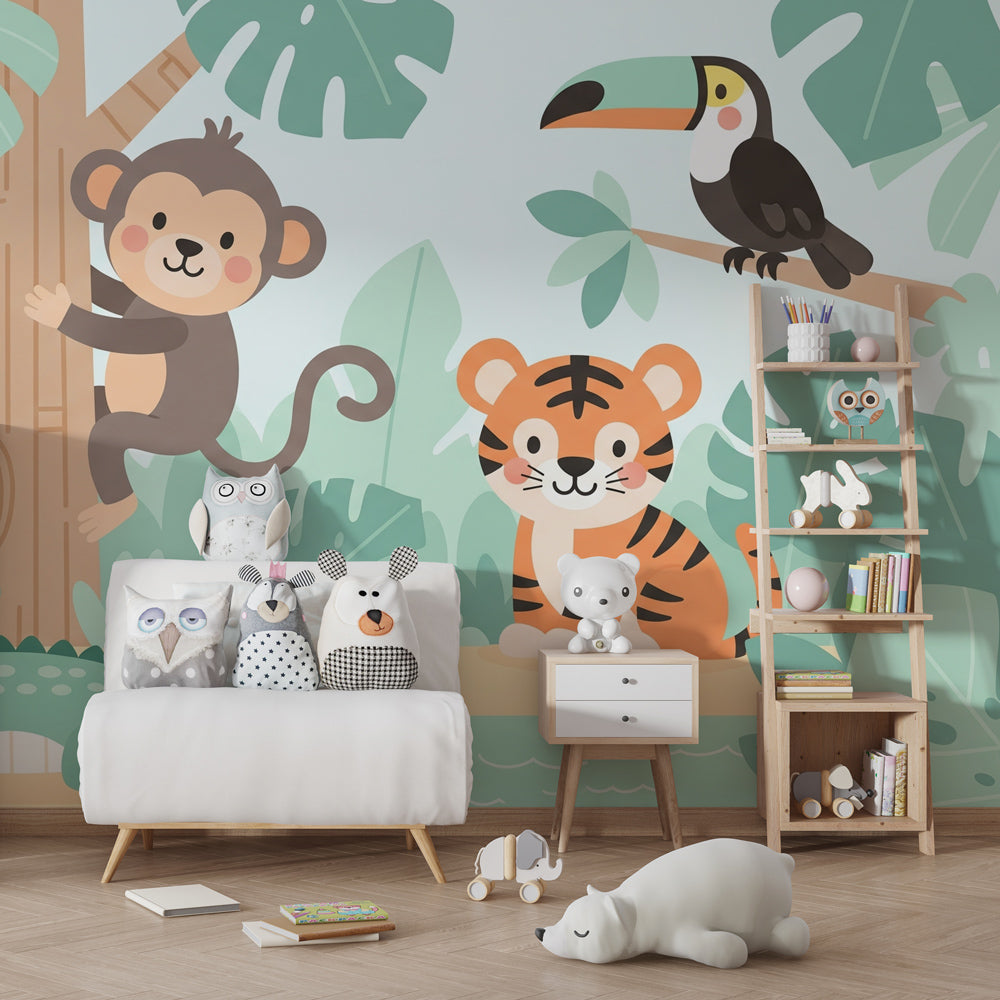 Colorful safari adventure wallpaper creating playful atmosphere in children's bedroom