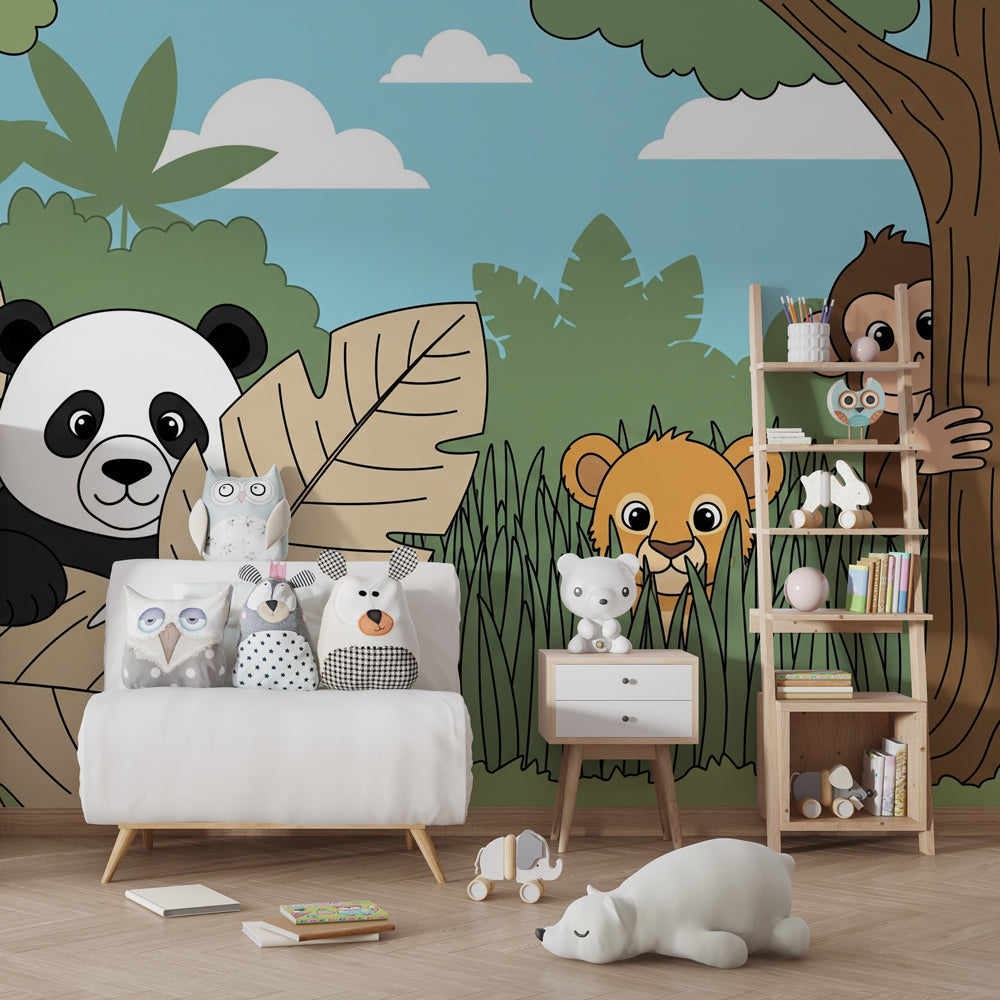 Safari animal wallpaper creating playful kids bedroom decor with panda lion monkey design