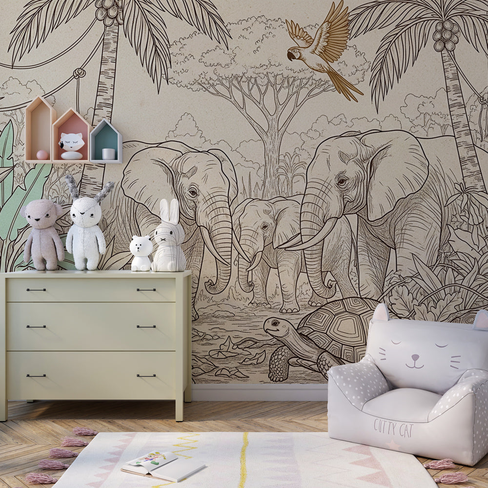 Safari elephant and turtle wallpaper creating adventure-themed children's bedroom decor