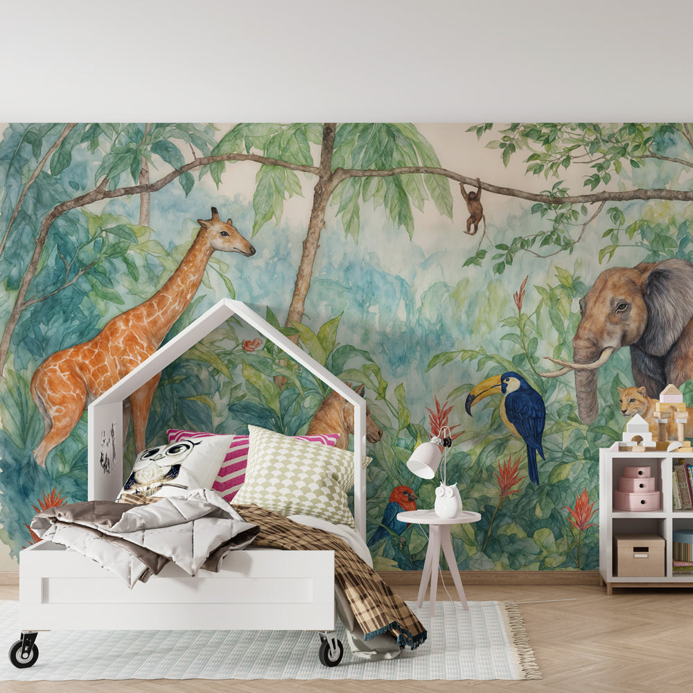 Watercolor jungle wallpaper with giraffe and elephant in children's bedroom decor by Kids-Mundo