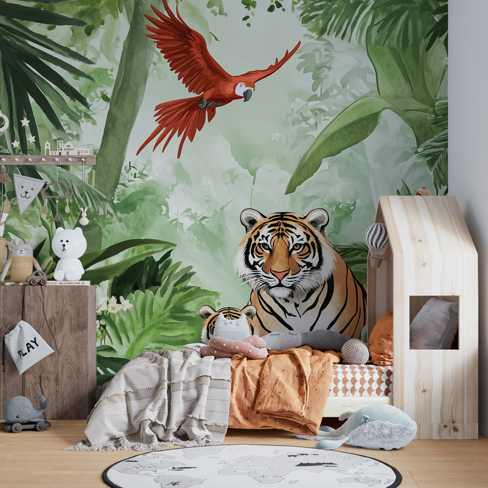 Tropical jungle wallpaper creating adventurous kids bedroom decor with wildlife theme
